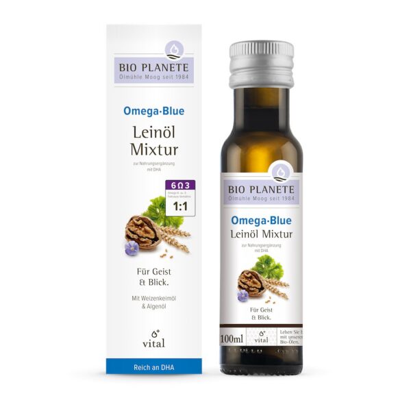 Omega Blue, mieszanka z olejem lnianym (orzechy włoskie, algi morskie) BIO 100 ml – Bio Planète