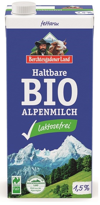 Mleko alpejskie UHT o obniżonej zawartości laktozy (min. 1,5 % tłuszczu) BIO 1 l — Berchtesgadener Land