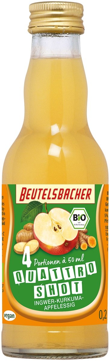 Shot z sokiem jabłkowym, imbirem, kurkumą, octem jabłkowym i acerolą BIO 200 ml — Beutelsbacher
