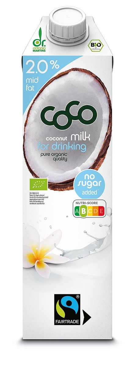 Coconut Milk, napój kokosowy do picia 2 % tłuszczu bez dodatku cukrów Fair Trade BIO 1 L