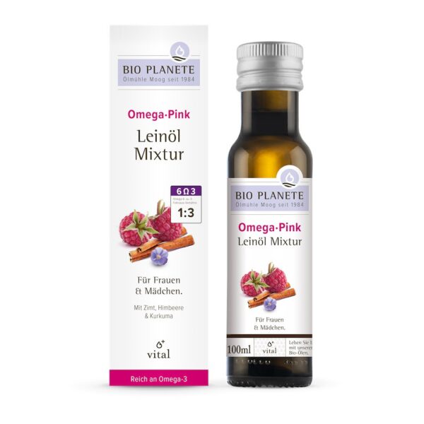 Omega Pink, mieszanka z olejem lnianym (malina, cynamon, kurkuma) BIO 100 ml – Bio Planète