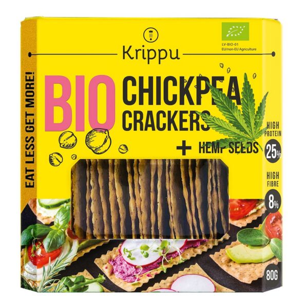Krakersy proteinowe z ciecierzycy z nasionami konopi BIO 80 g — Krippu
