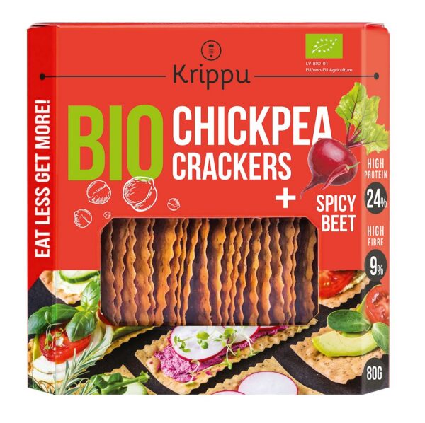 Krakersy proteinowe z ciecierzycy pikantne z burakiem BIO 80 g — Krippu