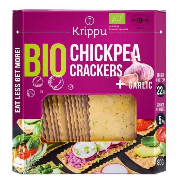 Krakersy proteinowe z ciecierzycy z czosnkiem BIO 80 g — Krippu