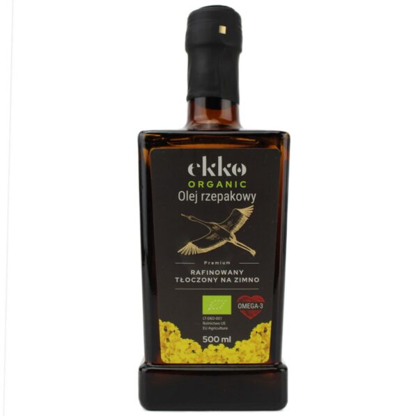 Olej rzepakowy do gotowania i smażenia tłoczony na zimno omega-3 BIO 500 ml — Ekko