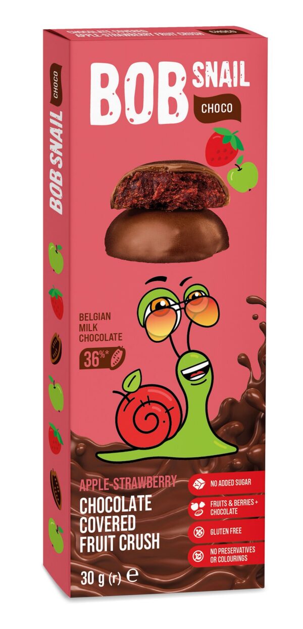 Przekąska choco jabłko-truskawka w czekoladzie mlecznej belgijskiej bez dodatku cukrów bezglutenowa 30 g — Bob Snail