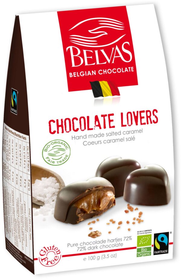 Czekoladki belgijskie serca z karmelem i solą morską Fair Trade bezglutenowe BIO 100 g — Belvas