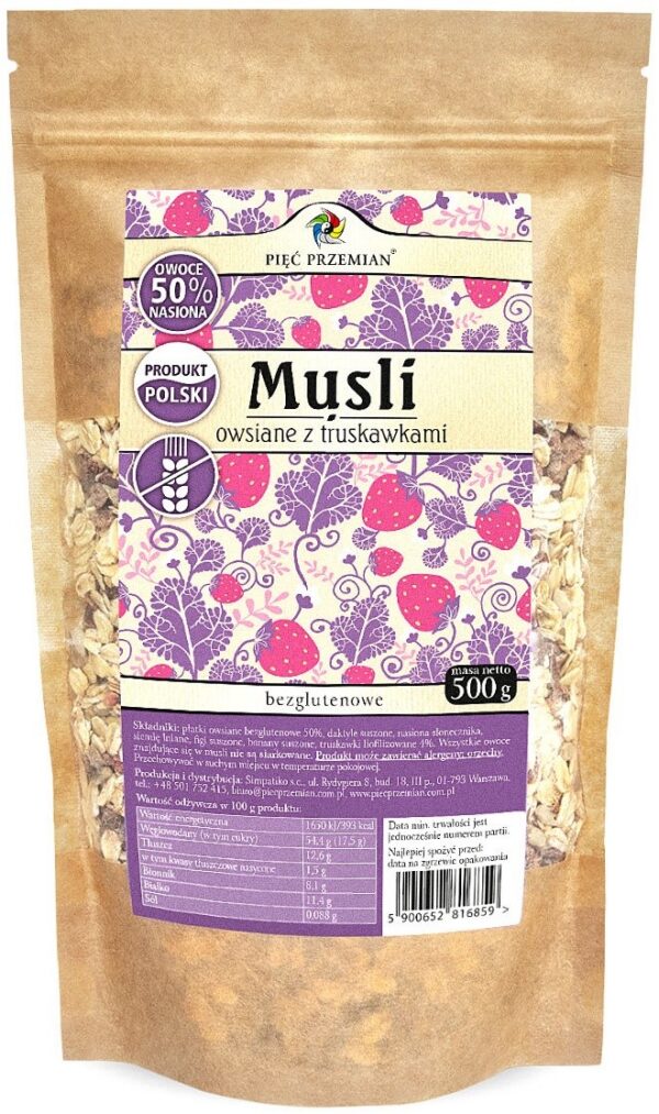 Musli owsiane truskawkowe bez dodatku cukrów bezglutenowe 500 g — Pięć Przemian