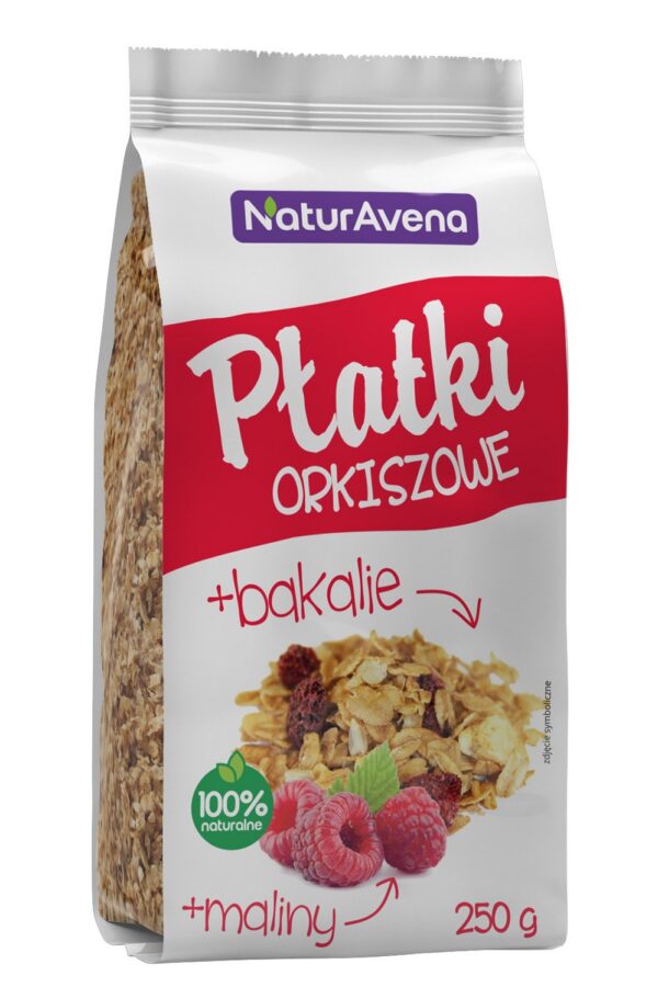 Płatki orkiszowe błyskawiczne z owocami tropikalnymi, słonecznikiem i malinami 200 g — Naturavena