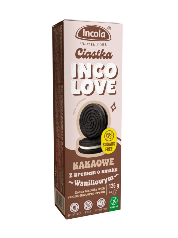 Ciastka markizy kakaowe z kremem o smaku waniliowym bez cukru bezglutenowe 125 g — Incola