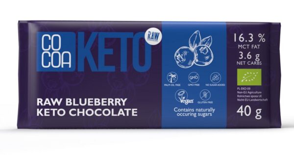 Czekolada z jagodami i olejem MCT bez dodatku cukrów bezglutenowa keto BIO 40 g — Cocoa