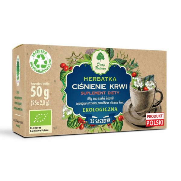 Herbatka ziołowa z głogiem, dziką różą, serdecznikiem i kozłkiem w saszetkach (25 × 2 g) BIO 50 g — Dary Natury