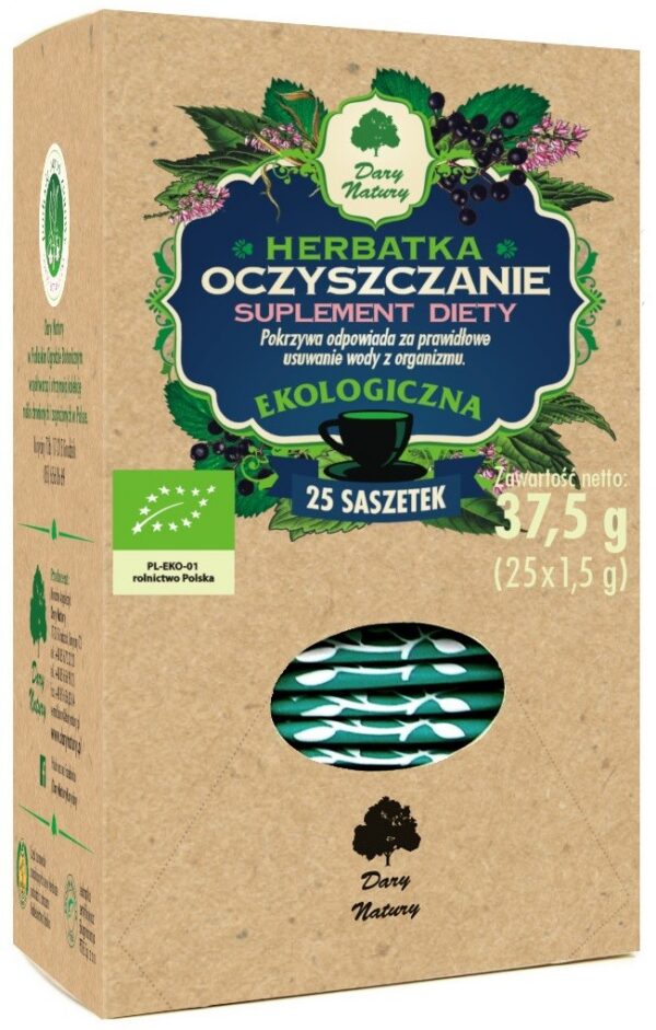 Herbatka ziołowa z pokrzywą, perzem, brzozą i liściem borówki w saszetkach (25 × 1,5 g) BIO 37,5 g — Dary Natury
