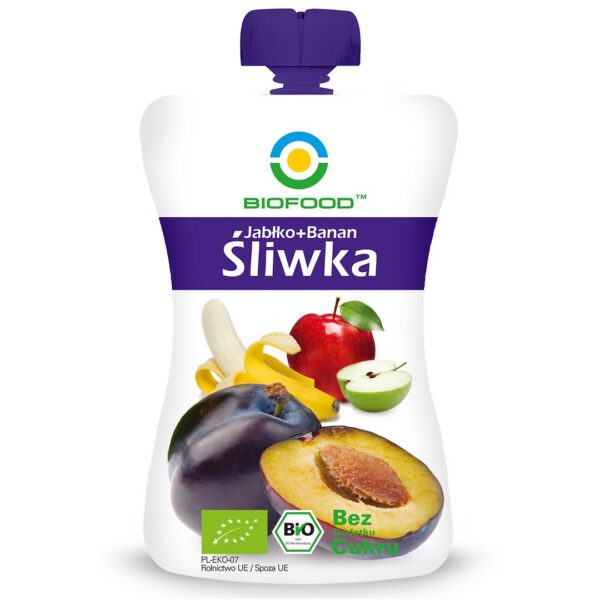 Mus jabłko-banan-śliwka bez dodatku cukrów bezglutenowy BIO 200 g — Biofood