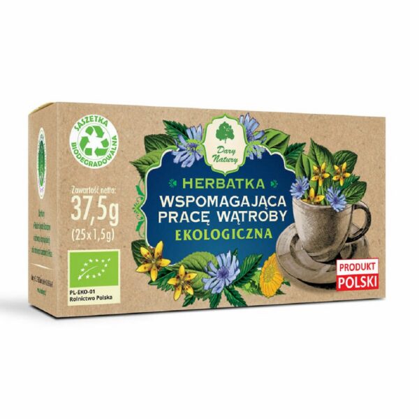 Herbatka ziołowa z dziurawcem, rzepikiem, cykorią i karczochem w saszetkach (25 × 1,5 g) BIO 37,5 g — Dary Natury