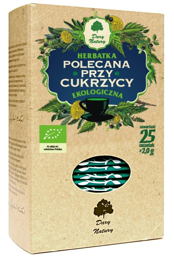Herbatka ziołowa z liściem borówki, brzozą, cykorią i rutwicą w saszetkach (25 × 2 g) BIO 50 g — Dary Natury