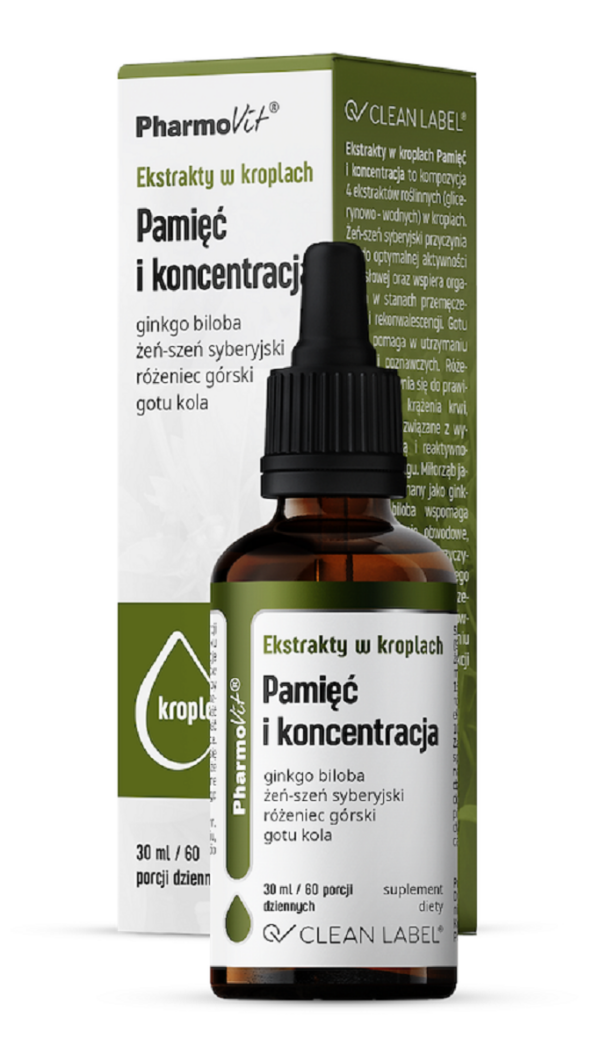 Ekstrakty w kroplach z żeń-szenia syberyjskiego, gotu koli, różeńca i ginkgo biloba 30 ml — Pharmovit
