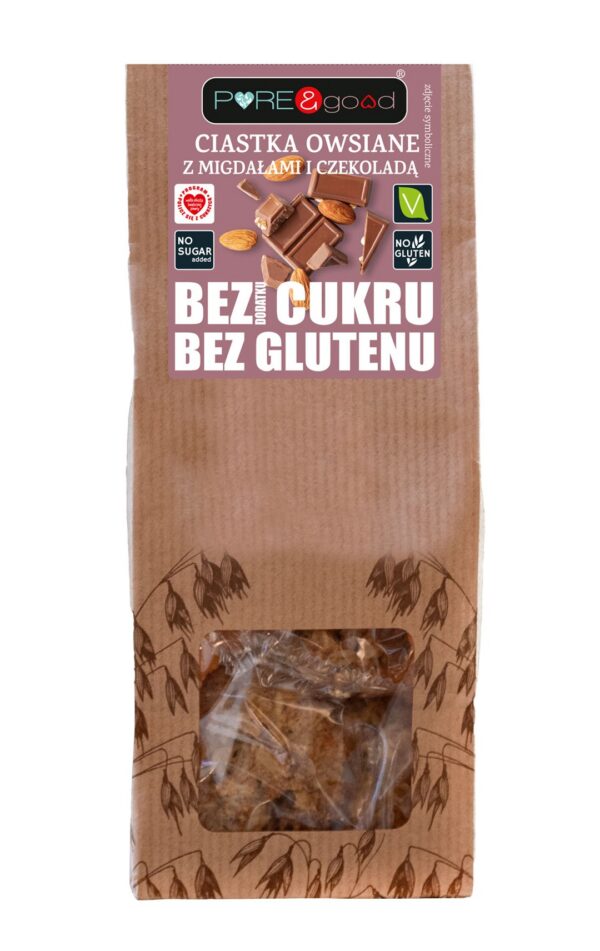 Ciastka owsiane z migdałami i czekoladą bez dodatku cukrów bezglutenowe 150 g — Pure&good