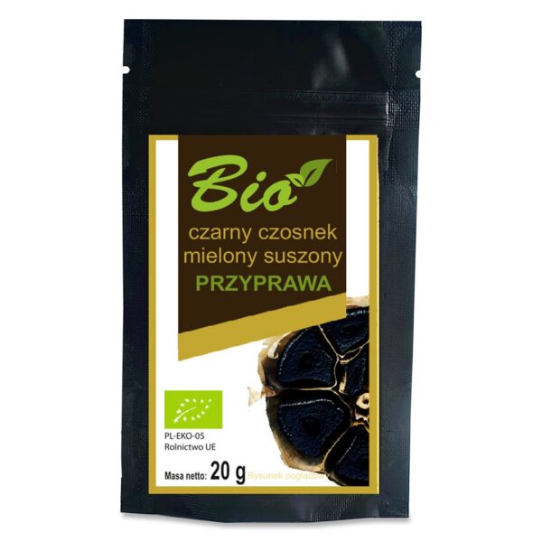 Czarny czosnek mielony suszony bezglutenowy BIO 20 g — Przetwory Z Natury