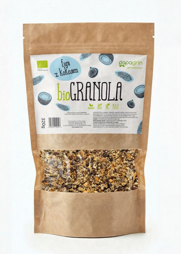 Granola figa z kokosem bez dodatku cukrów bezglutenowa BIO 320 g — Papagrin