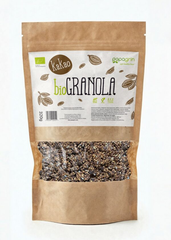 Granola z kakao bez dodatku cukrów bezglutenowa BIO 320 g — Papagrin