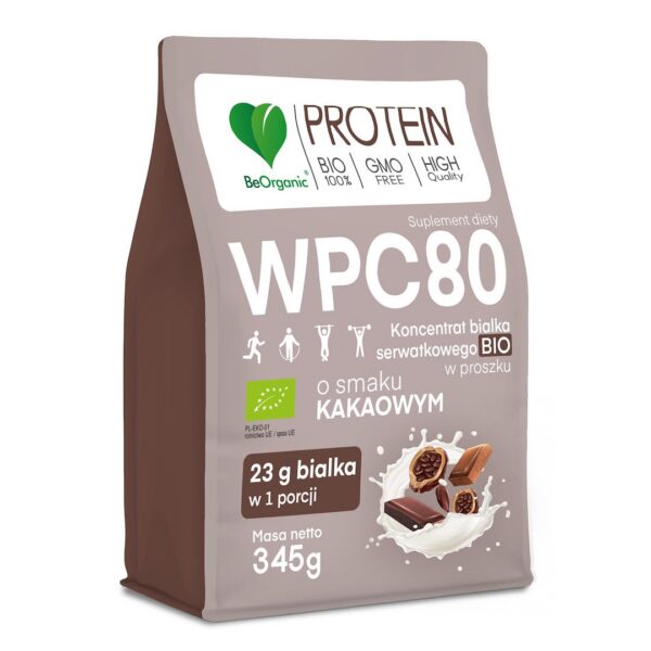 Białko serwatkowe o smaku kakaowym (koncentrat WPC 80) bez dodatku cukrów BIO 345 g — Be Organic