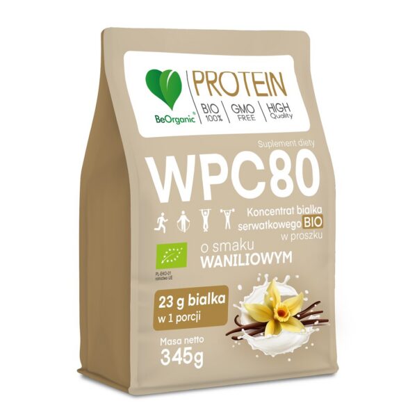 Białko serwatkowe o smaku waniliowym (koncentrat WPC 80) bez dodatku cukrów BIO 345 g — Be Organic