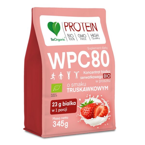 Białko serwatkowe o smaku truskawkowym (koncentrat WPC 80) bez dodatku cukrów BIO 345 g — Be Organic