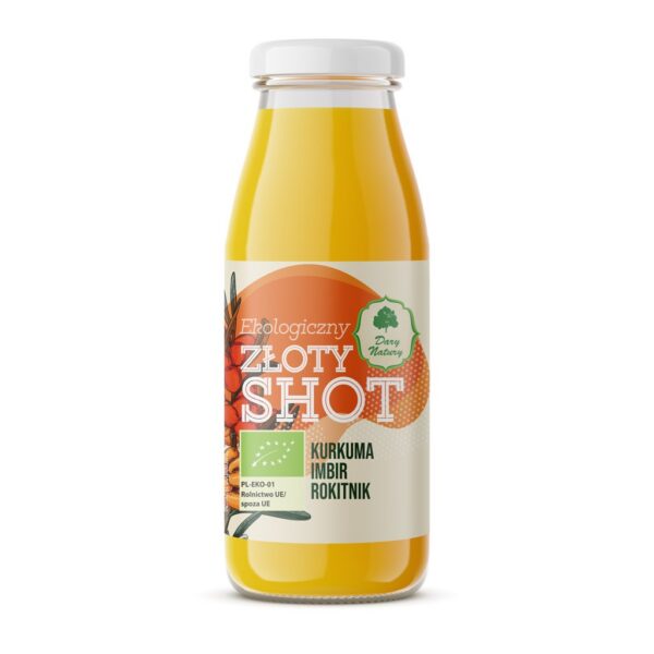 Shot z pigwowcem, imbirem, rokitnikiem, miodem i kurkumą BIO 250 ml — Dary Natury