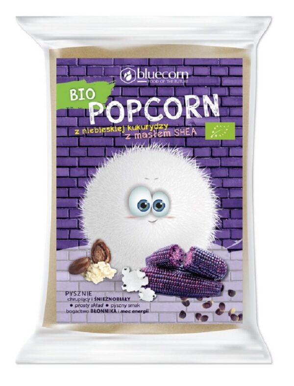 Popcorn z niebieskiej kukurydzy z shea i solą do przygotowania w mikrofalówce bezglutenowy BIO 100 g — Bluecorn