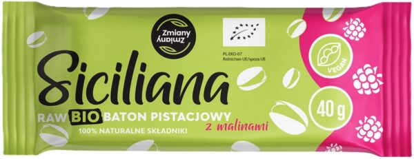 Baton pistacjowy z malinami Siciliana raw bezglutenowy BIO 40 g — Zmiany Zmiany