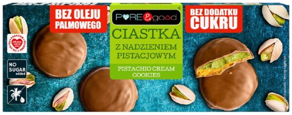 Ciastka z nadzieniem pistacjowym w czekoladzie mlecznej bez dodatku cukrów 96 g — Pure&good