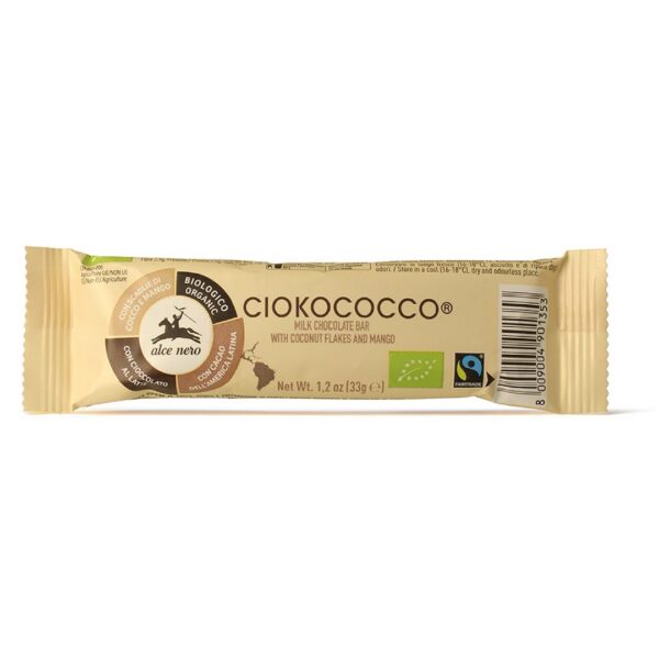 Baton z nadzieniem kokos-mango-chrupki zbożowe w polewie z czekolady mlecznej Fair Trade BIO 33 g — Alce Nero