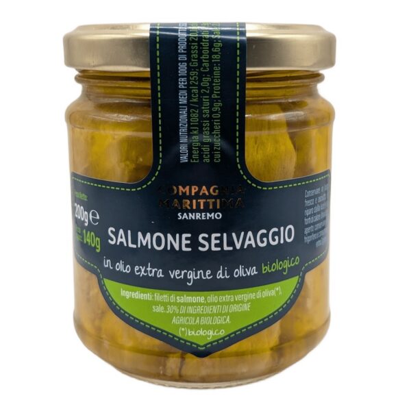 Łosoś atlantycki filety w BIO oliwie z oliwek extra virgin 200 g (słoik) — Compagnia Mediterranea