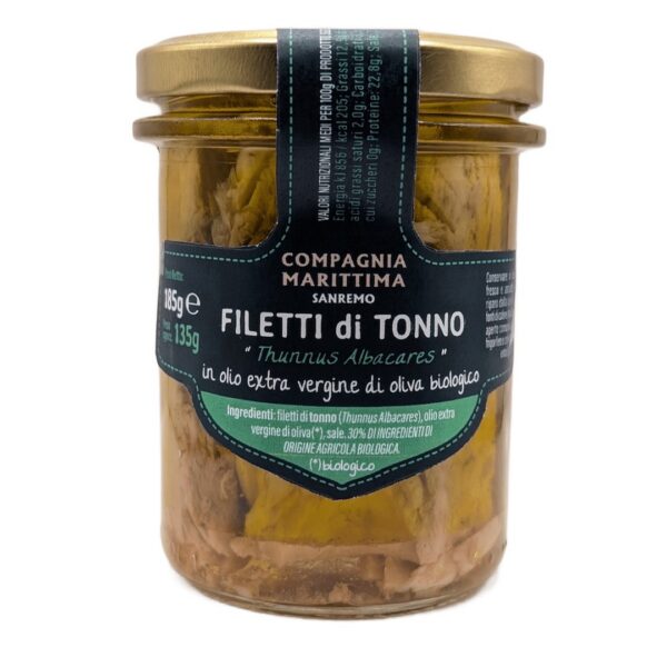 Tuńczyk żółtopłetwy filety w BIO oliwie z oliwek extra virgin 185 g (słoik) — Compagnia Mediterranea