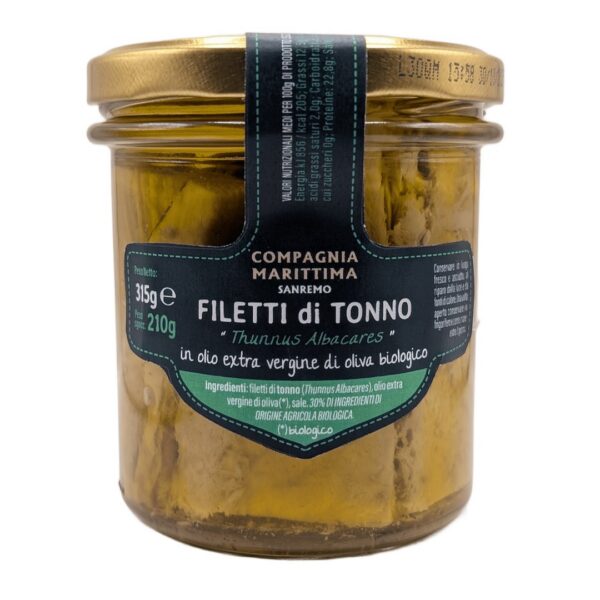 Tuńczyk żółtopłetwy filety w BIO oliwie z oliwek extra virgin 315 g (słoik) — Compagnia Mediterranea