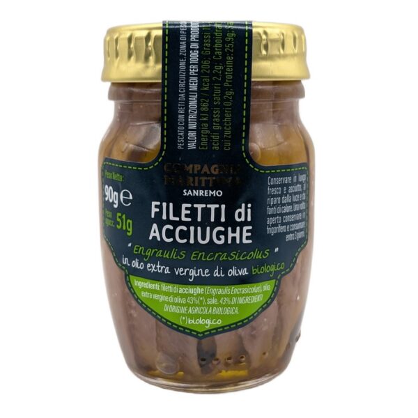 Anchois (sardele) filety w BIO oliwie z oliwek extra virgin 90 g (słoik) — Compagnia Mediterranea