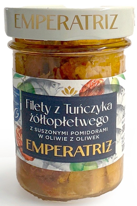 Tuńczyk żółtopłetwy filety MSC w oliwie z oliwek z suszonymi pomidorami 180 g (słoik) — Emperatriz