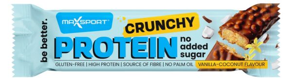 Baton proteinowy crunchy o smaku kokosa i wanilii w czekoladzie mlecznej bez dodatku cukrów bezglutenowy 40 g — Maxsport
