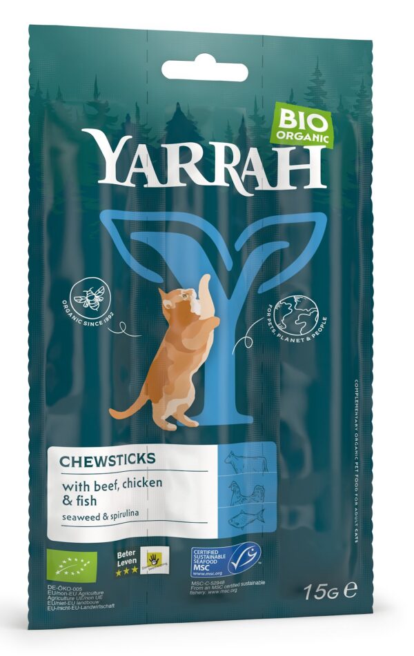 (Dla kota) przysmak, pałeczki z wołowiną i rybą BIO (3 x 5 g) 15 g — Yarrah