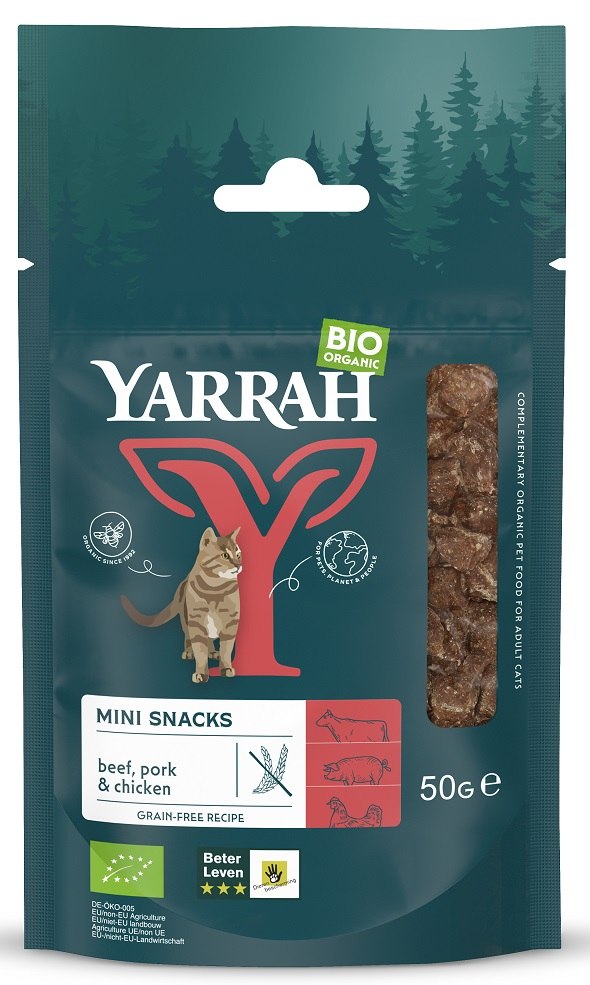 (Dla kota dorosłego) przysmak, kostki z wołowiny, wieprzowiny i kurczaka bezglutenowy BIO 50 g — Yarrah