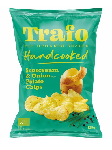 Chipsy ziemniaczane cienko krojone o smaku śmietankowo-cebulowym wegańskie BIO 125 g — Trafo