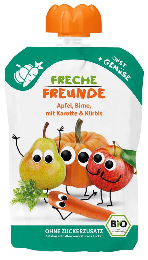 Mus jabłko-gruszka-marchew-dynia bez dodatku cukrów bezglutenowy od 6 miesiąca BIO 100 g — Freche Freunde