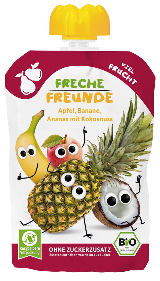 Mus jabłko-banan-ananas-kokos bez dodatku cukrów bezglutenowy od 6 miesiąca BIO 100 g — Freche Freunde