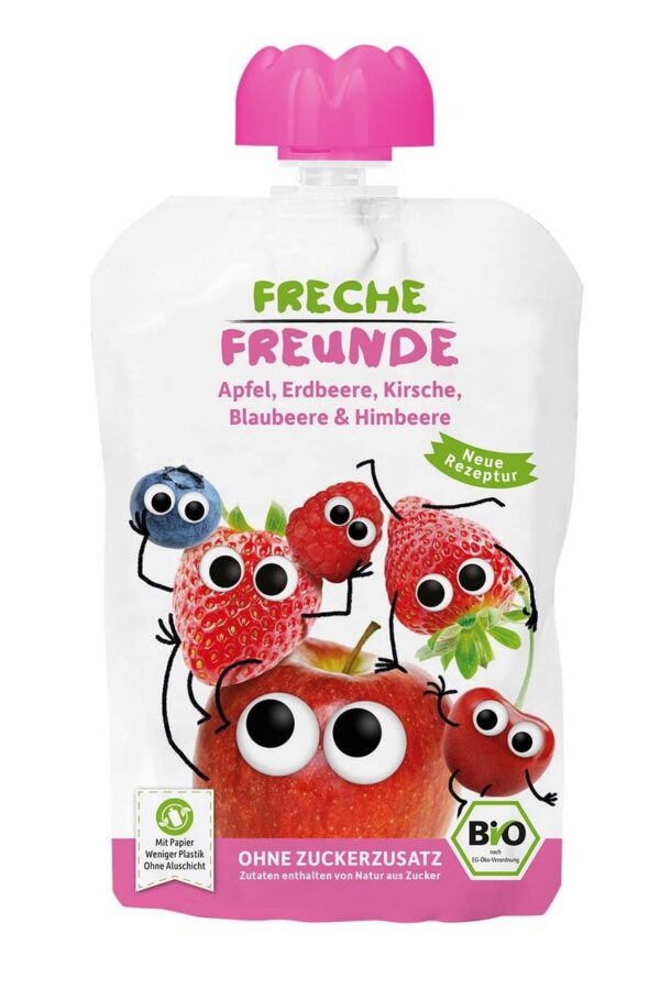 Mus jabłko-truskawka-jagoda-malina bez dodatku cukrów bezglutenowy od 6 miesiąca BIO 100 g — Freche Freunde