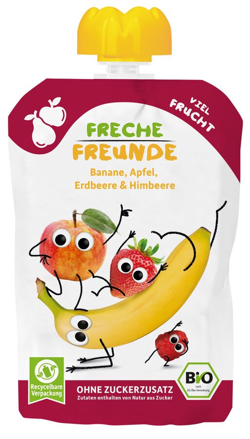 Mus banan-jabłko-truskawka-malina bez dodatku cukrów bezglutenowy od 6 miesiąca BIO 100 g — Freche Freunde