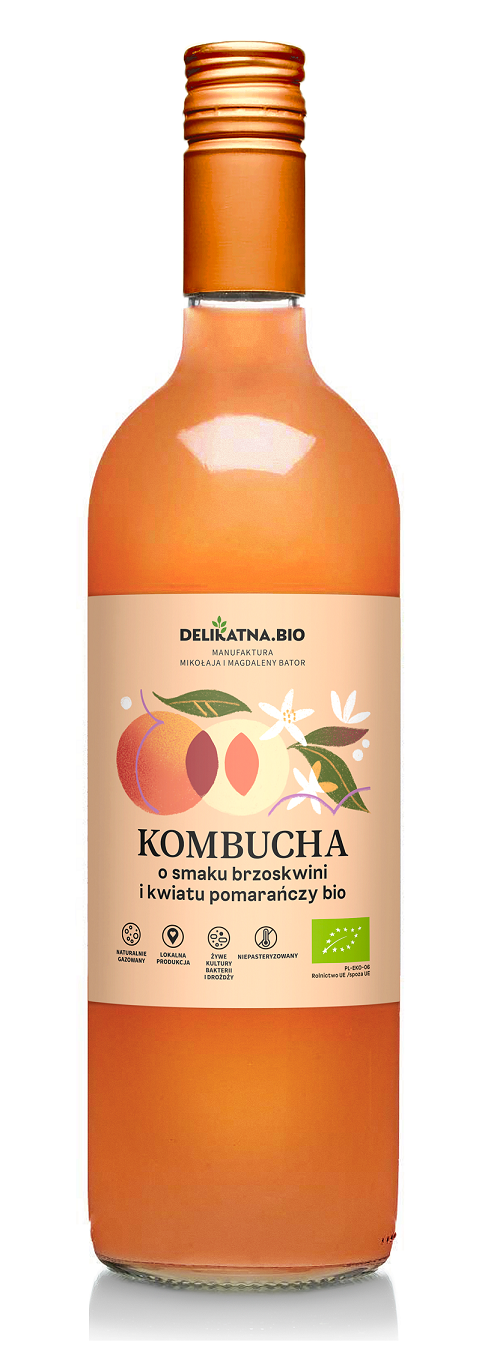 Kombucha o smaku brzoskwini i kwiatu pomarańczy BIO 750 ml — Delikatna