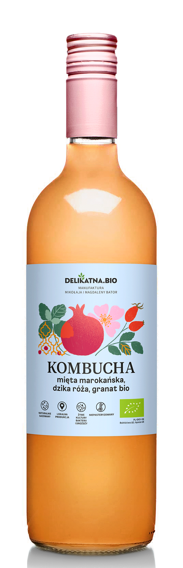 Kombucha mięta marokańska, dzika róża i granat BIO 750 ml — Delikatna