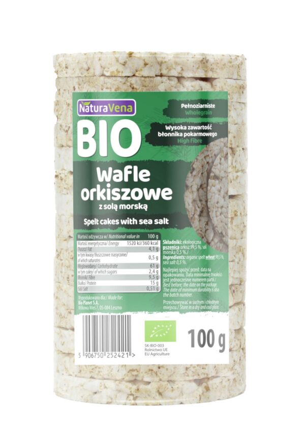 Wafle orkiszowe pełnoziarniste z solą morską BIO 100 g — Naturavena