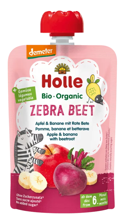 Mus buraczana zebra (jabłko-banan-burak) bez dodatku cukrów bezglutenowa od 6 miesiąca Demeter BIO 100 g — Holle